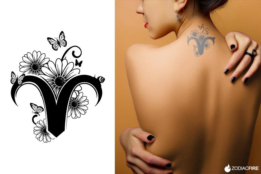 Flowery Aries sign neck tattoo